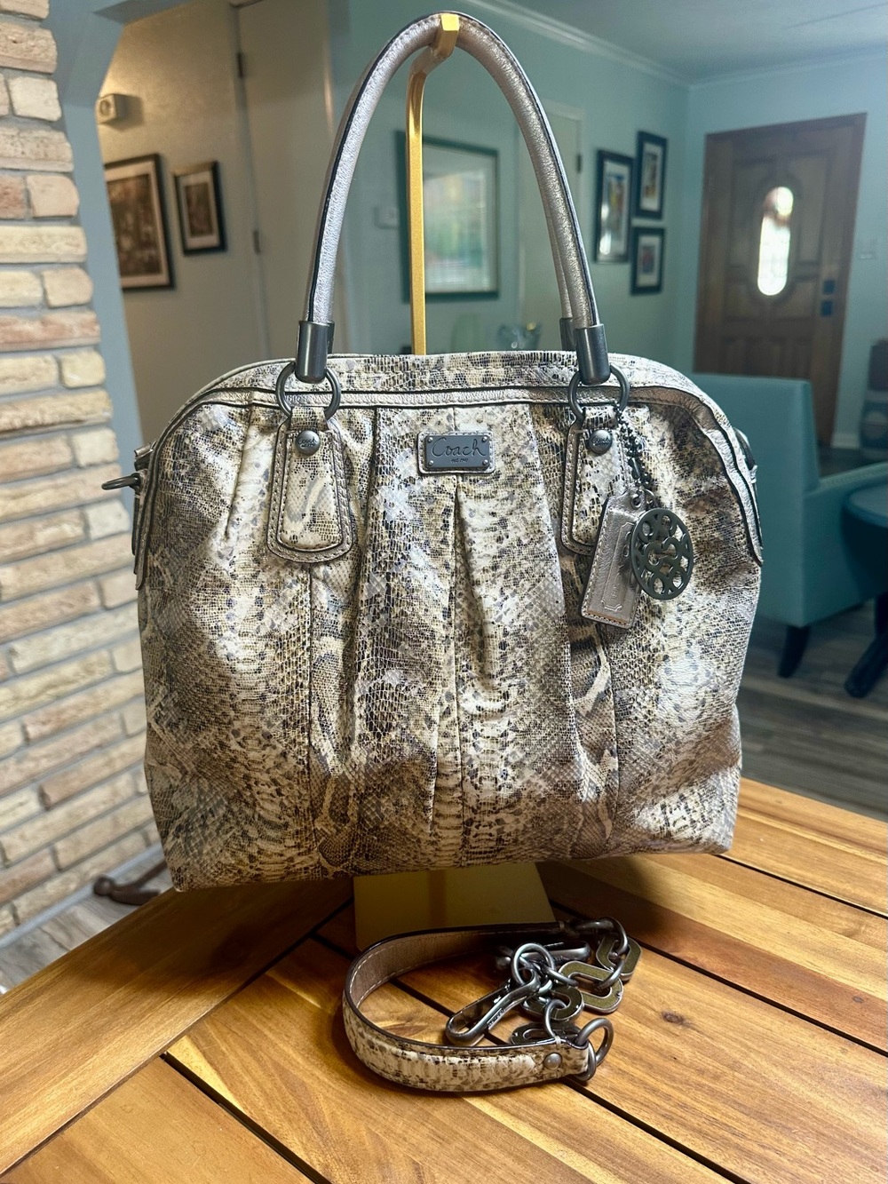 Coach Kristin Metallic Snake-Print Satchel - Taupe & Gunmetal Accents
